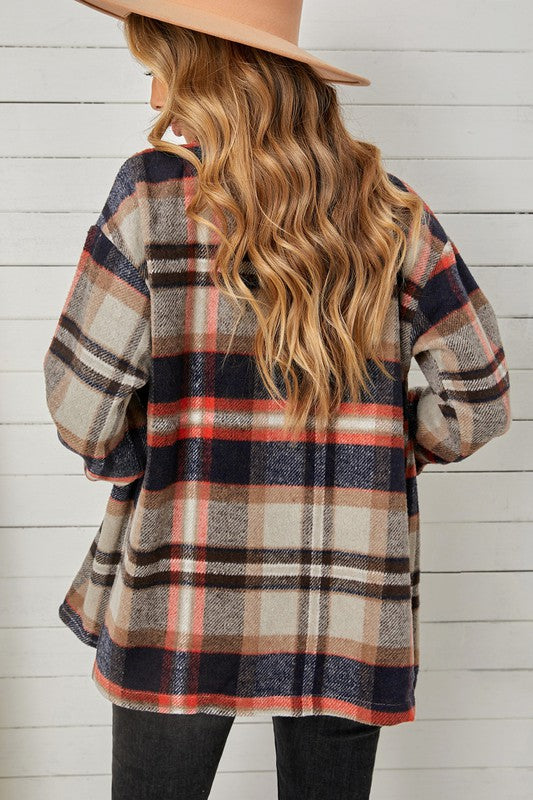 Geometric Plaid Print Pocketed Shirt for Women