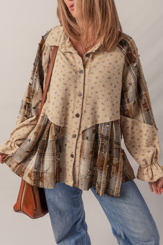 Boho Floral Plaid Patchwork Ruffle Sleeve Waffle Shacket