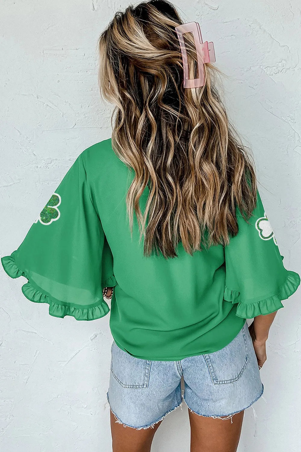 Sequin Clover Graphic Ruffled Trim Bell Sleeve St Patrick Blouse