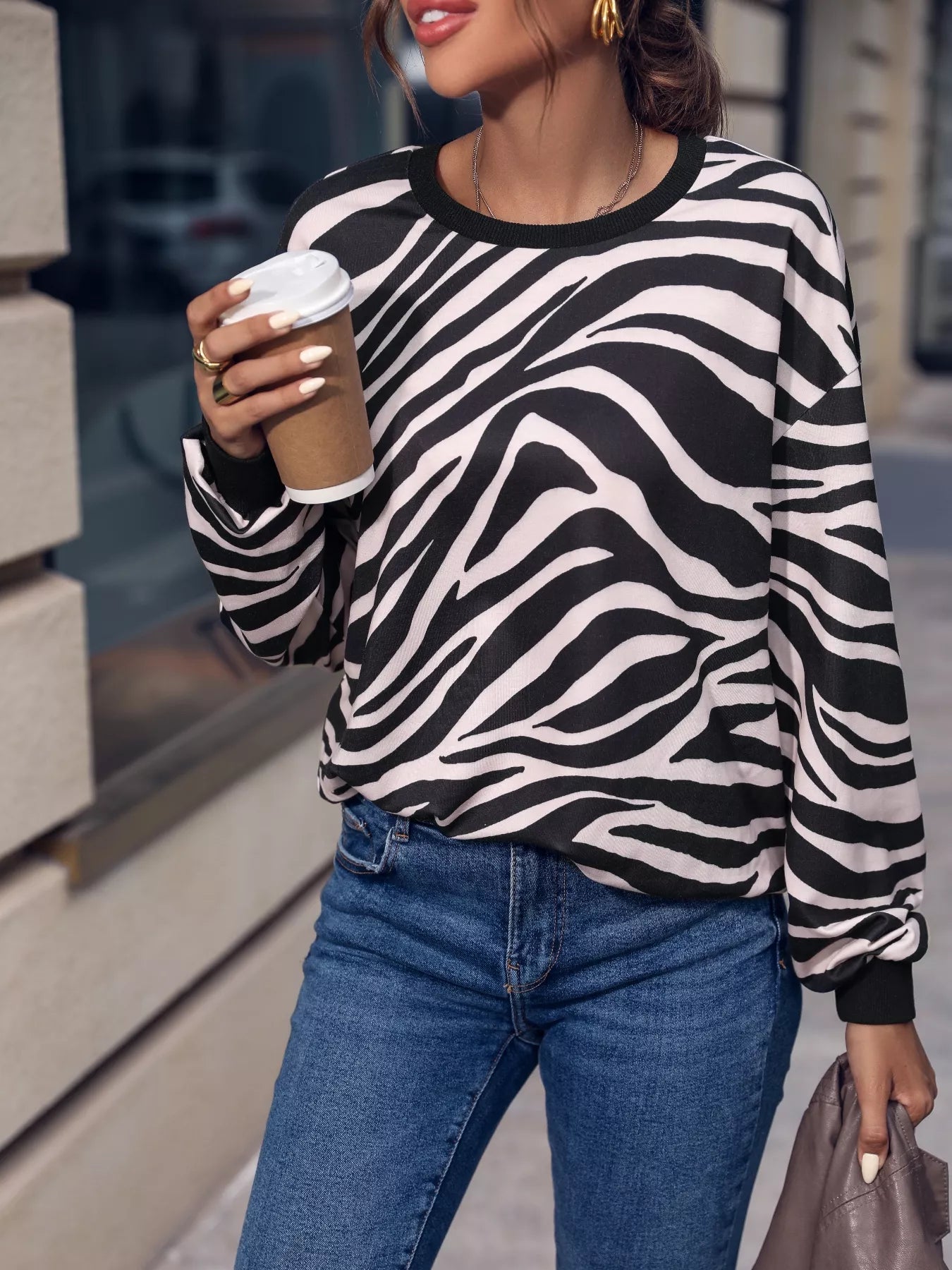 Zebra Print Round Neck Casual Sweatshirt
