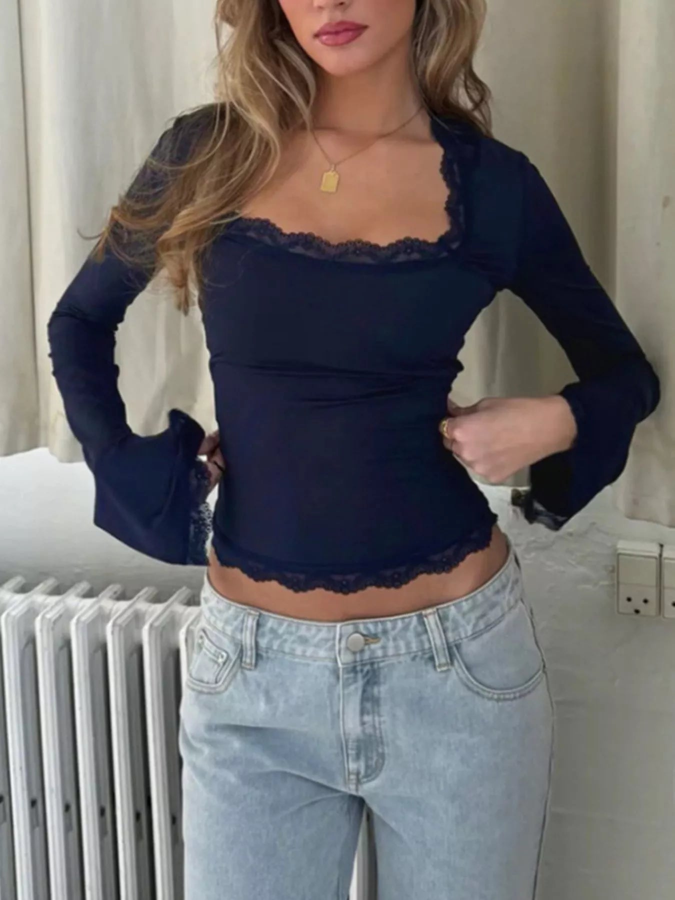 Lace Trim Square Neck Long Sleeve Top