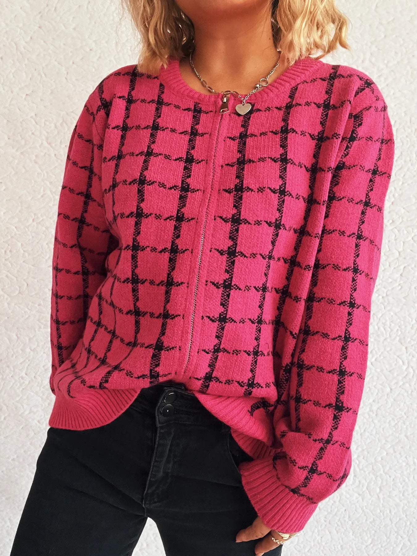 Plaid Pattern Zip Up Cardigan