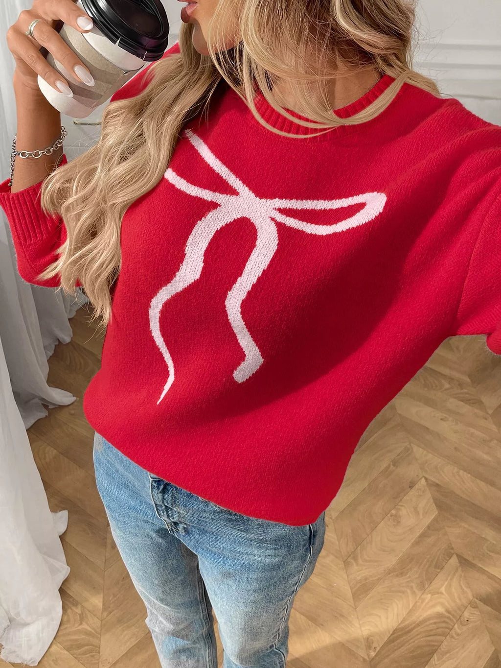 Bow Round Neck Long Sleeve Sweater