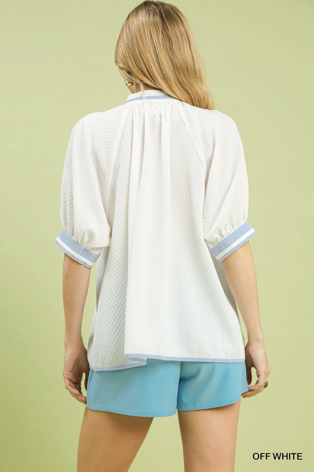 Umgee Textured Jacquard Contrast Trim Top