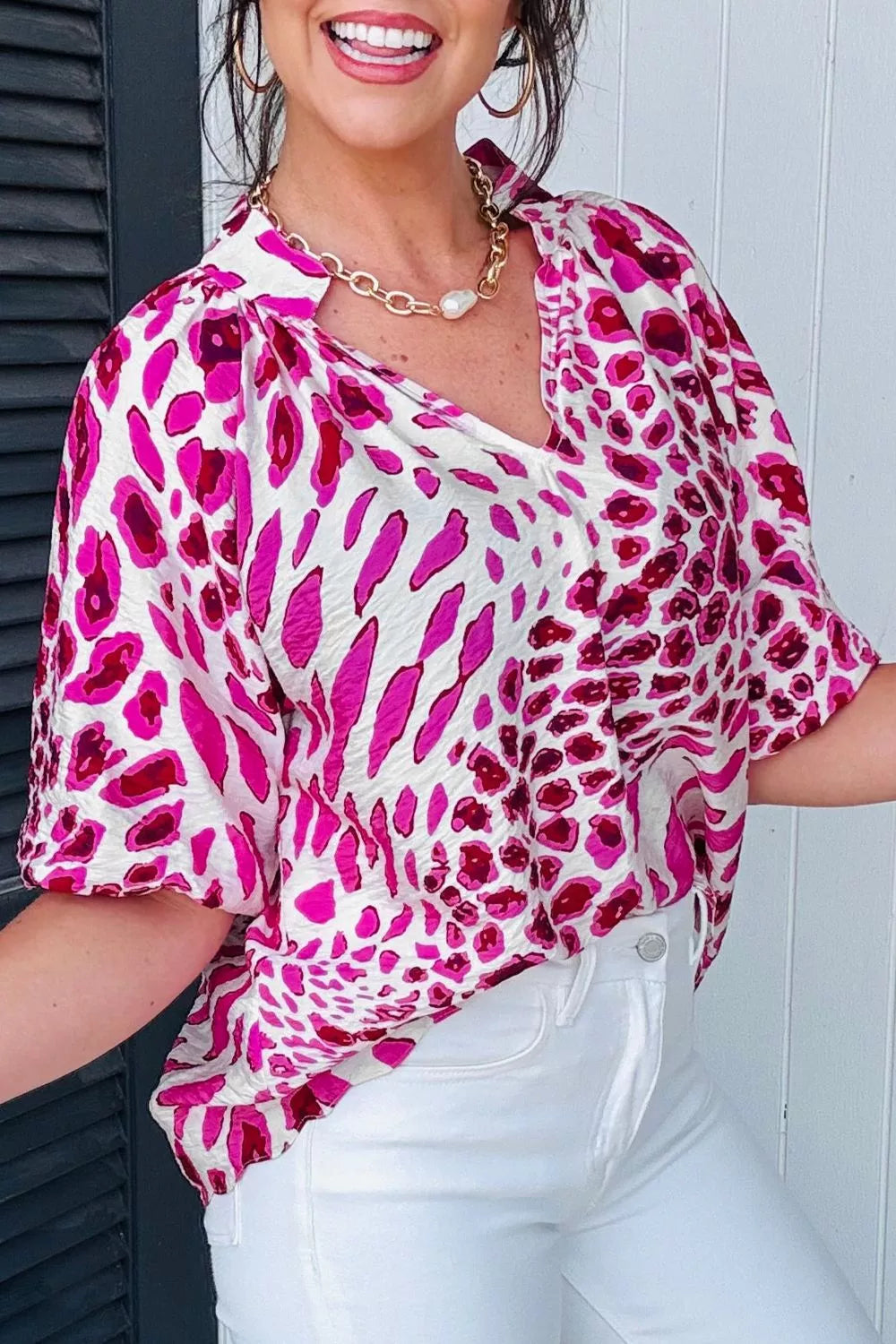 Leopard Print V Neck Puffy Half Sleeve Blouse