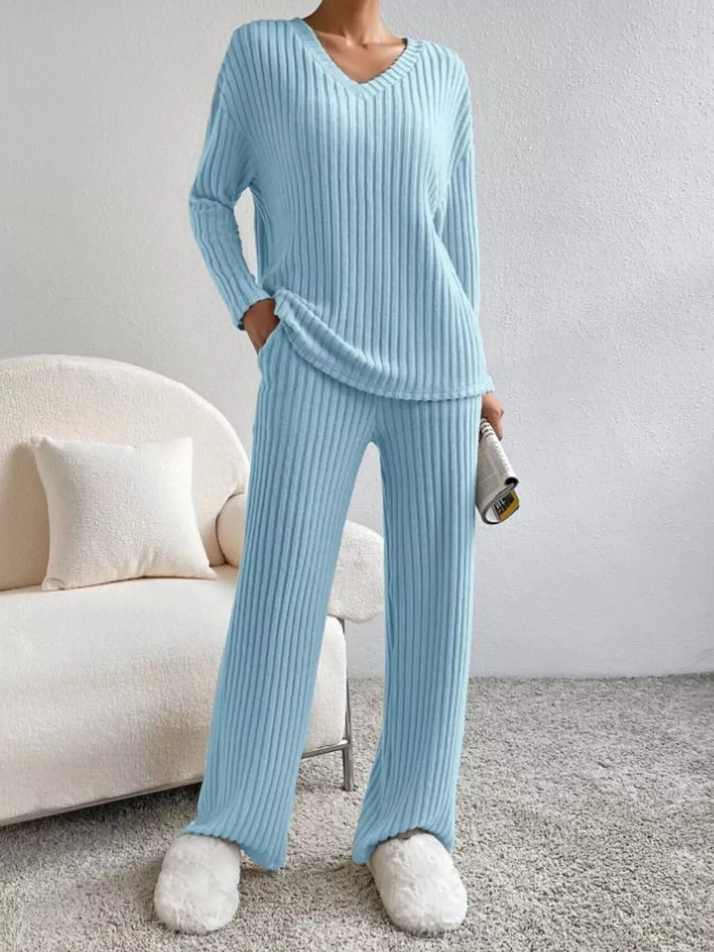 Ribbed Knit V-Neck Top and Pants Set