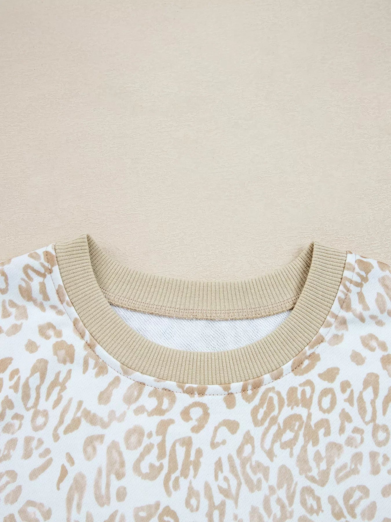 Leopard Ruffle Detail Ribbed Trim Round Neck Sweatshirt