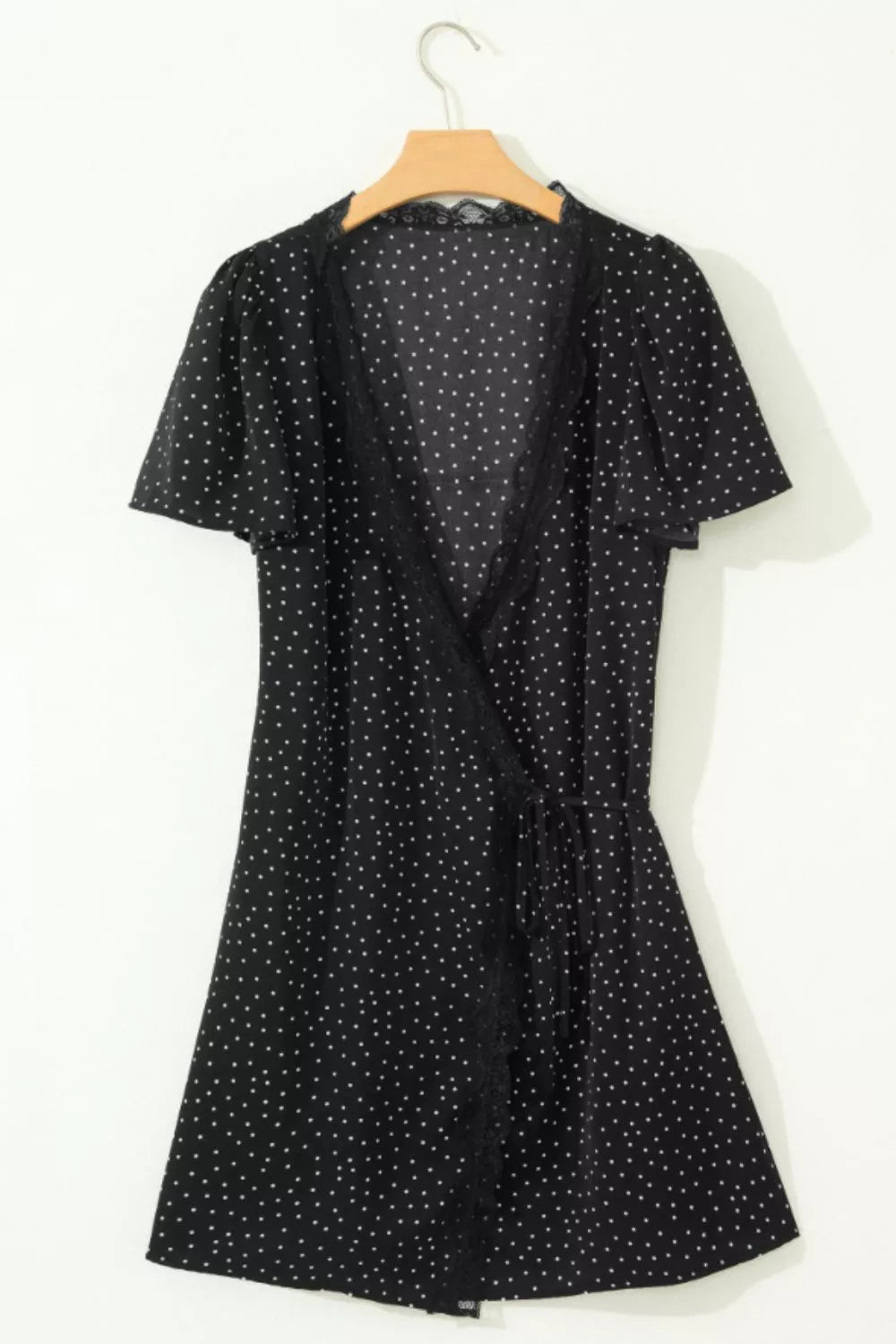 Polka Dot Print Lace Trim Wrap Mini Dress