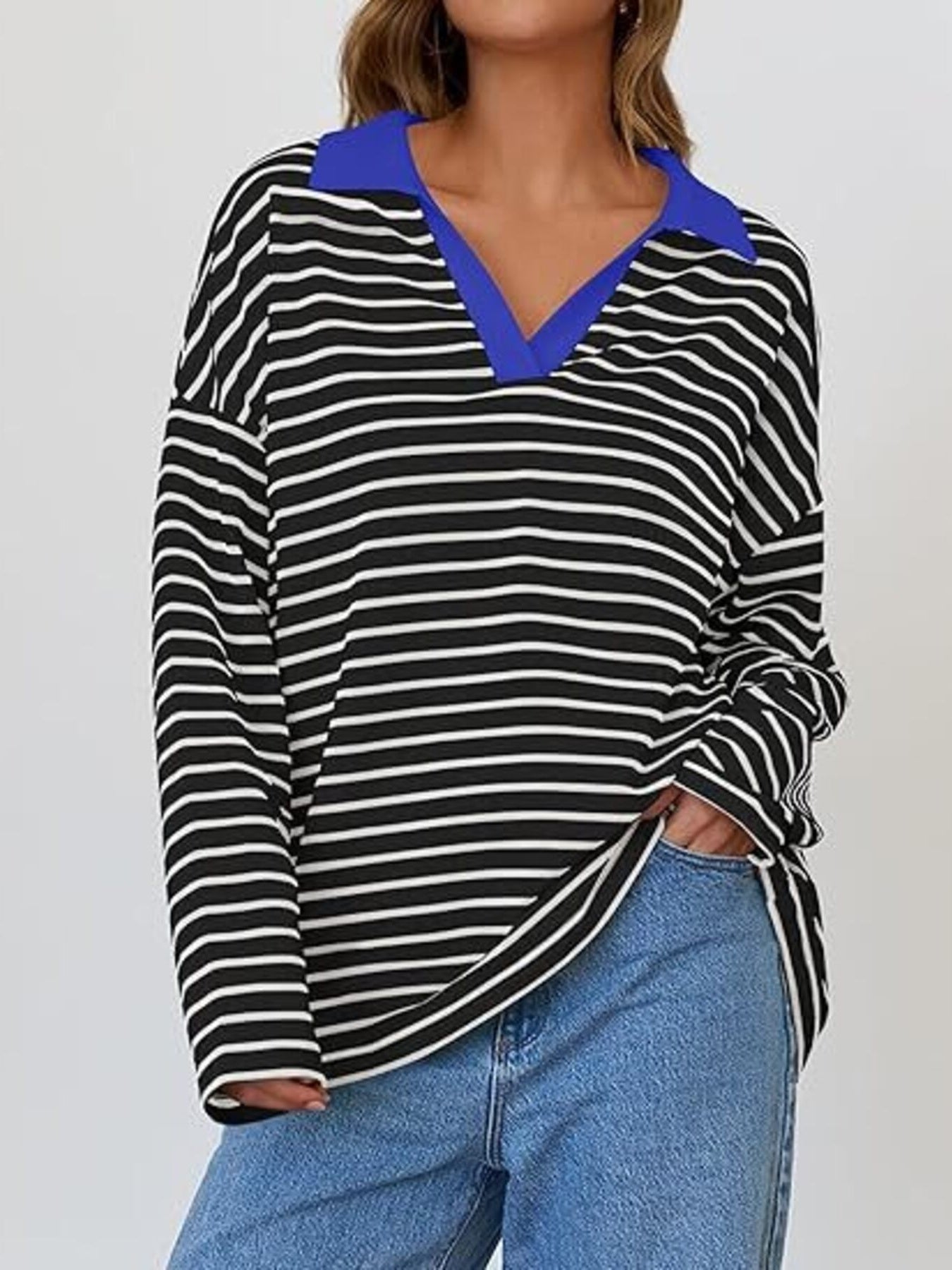 Striped Contrast Collar Long Sleeve Top