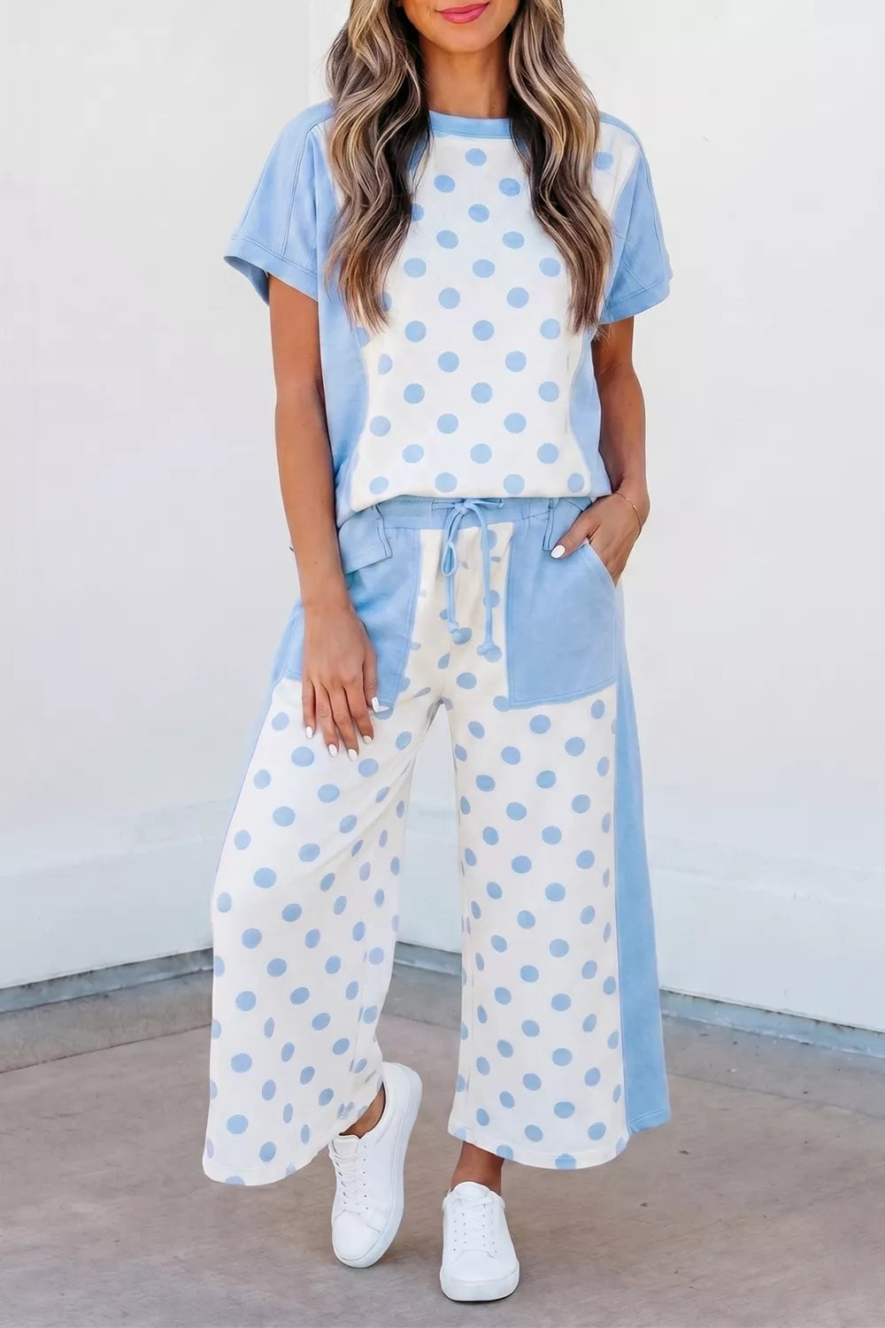 Color Block Patchwork Polka Dot Wide Leg Pant Set