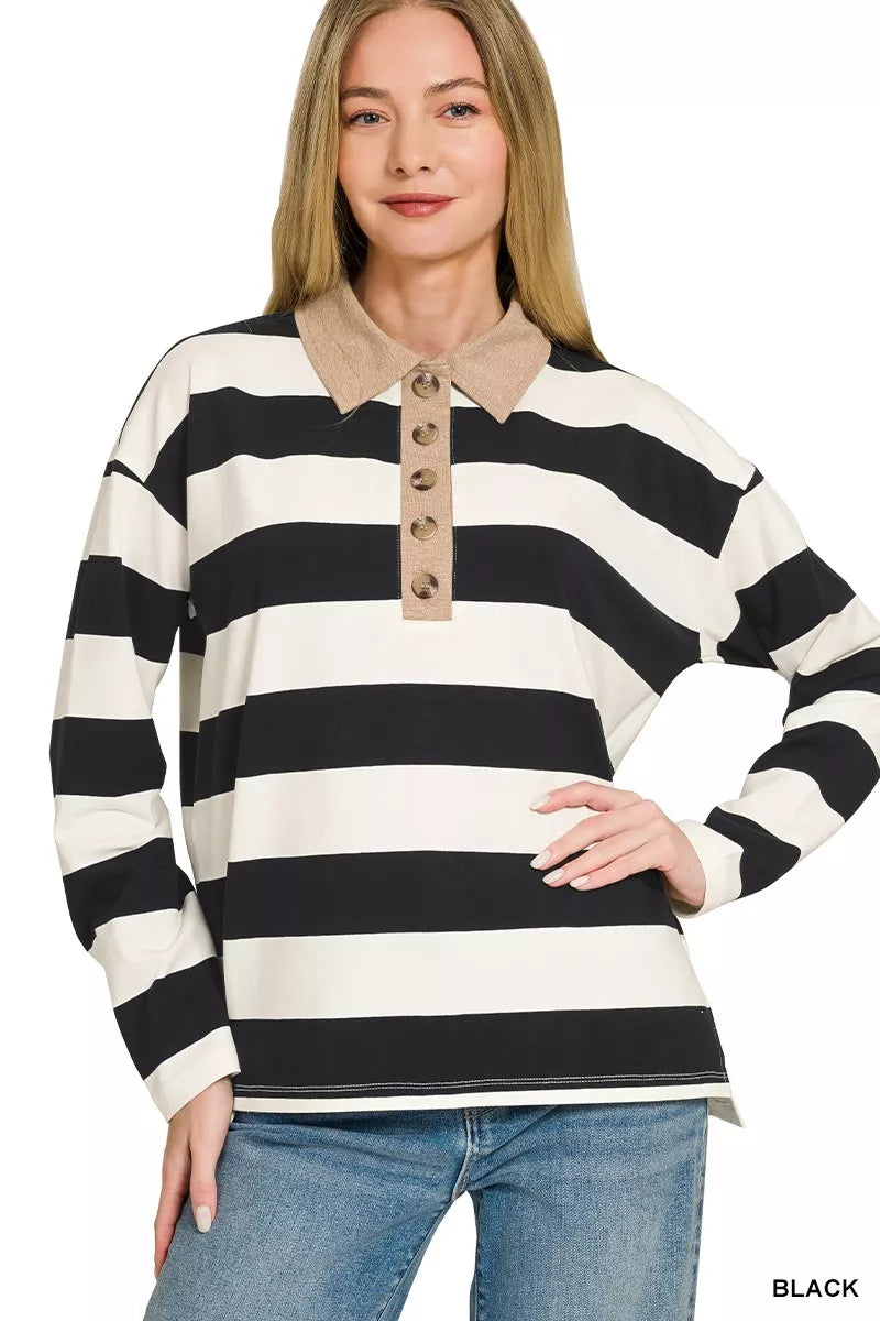 Zenana Striped Contrast Collar Polo Tee