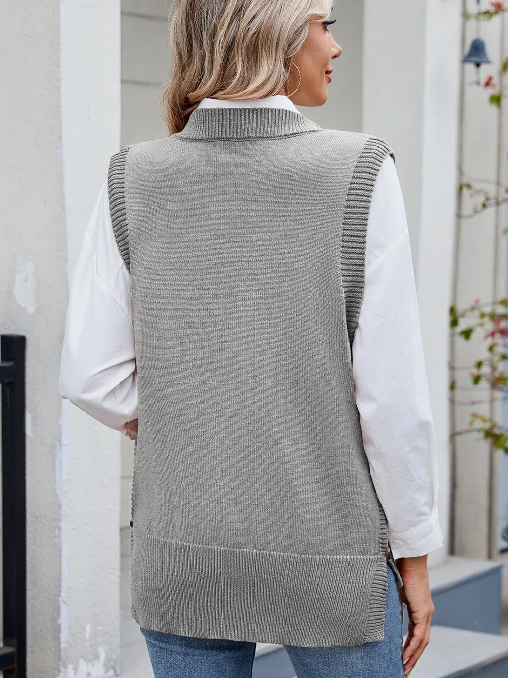 Buttoned Round Neck Sweater Vest