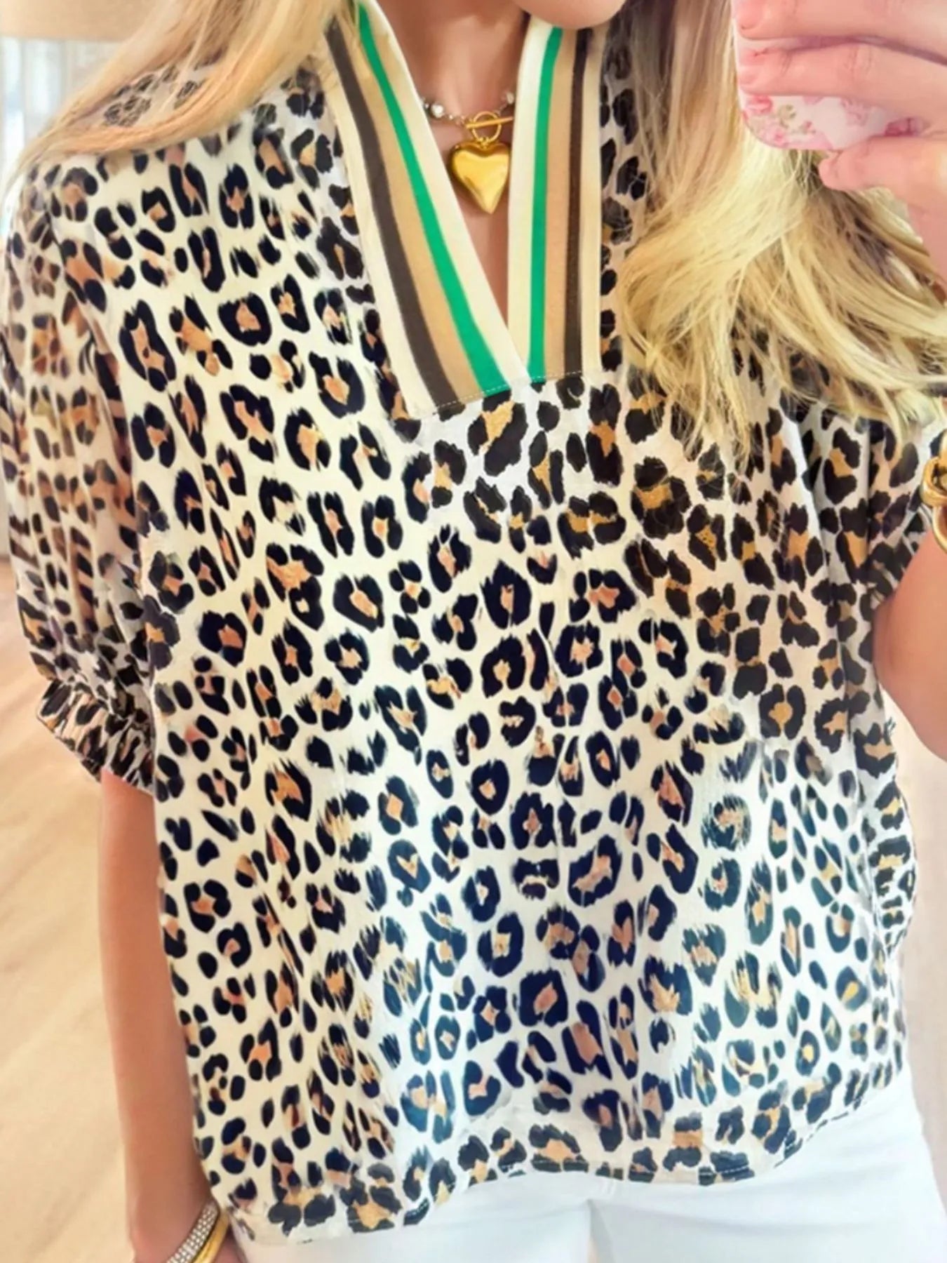 Leopard Print Notched Blouse with Striped Trim