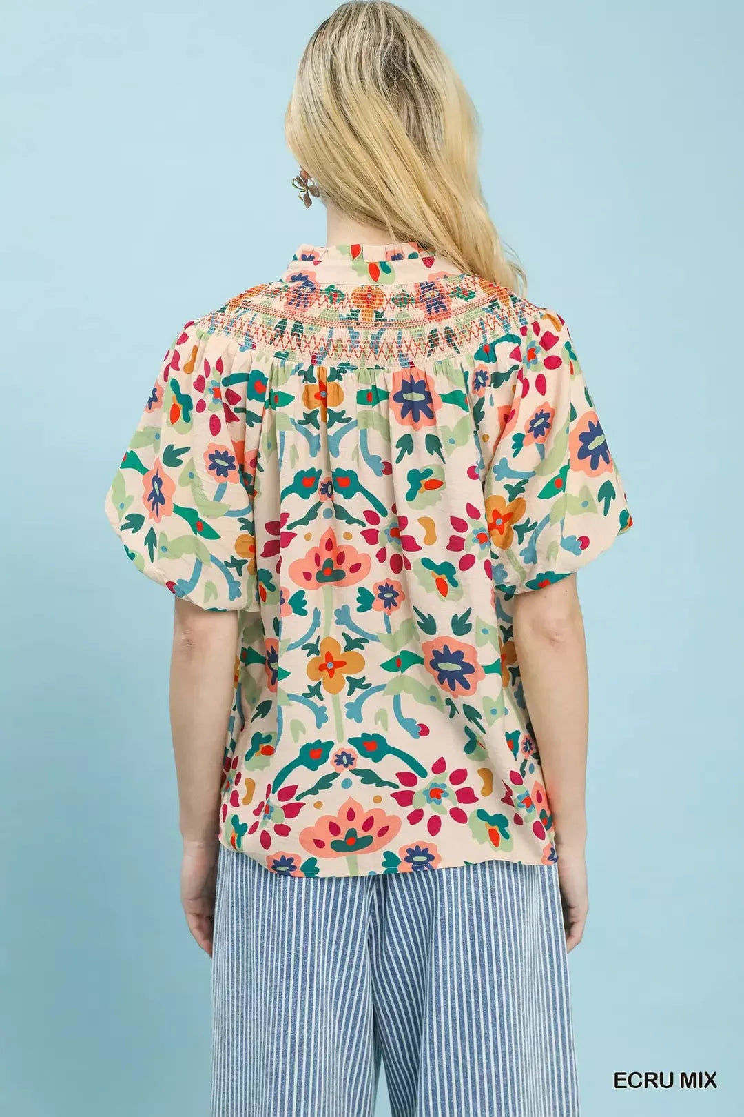 Umgee Folk Art Print Top with Smocked Detail