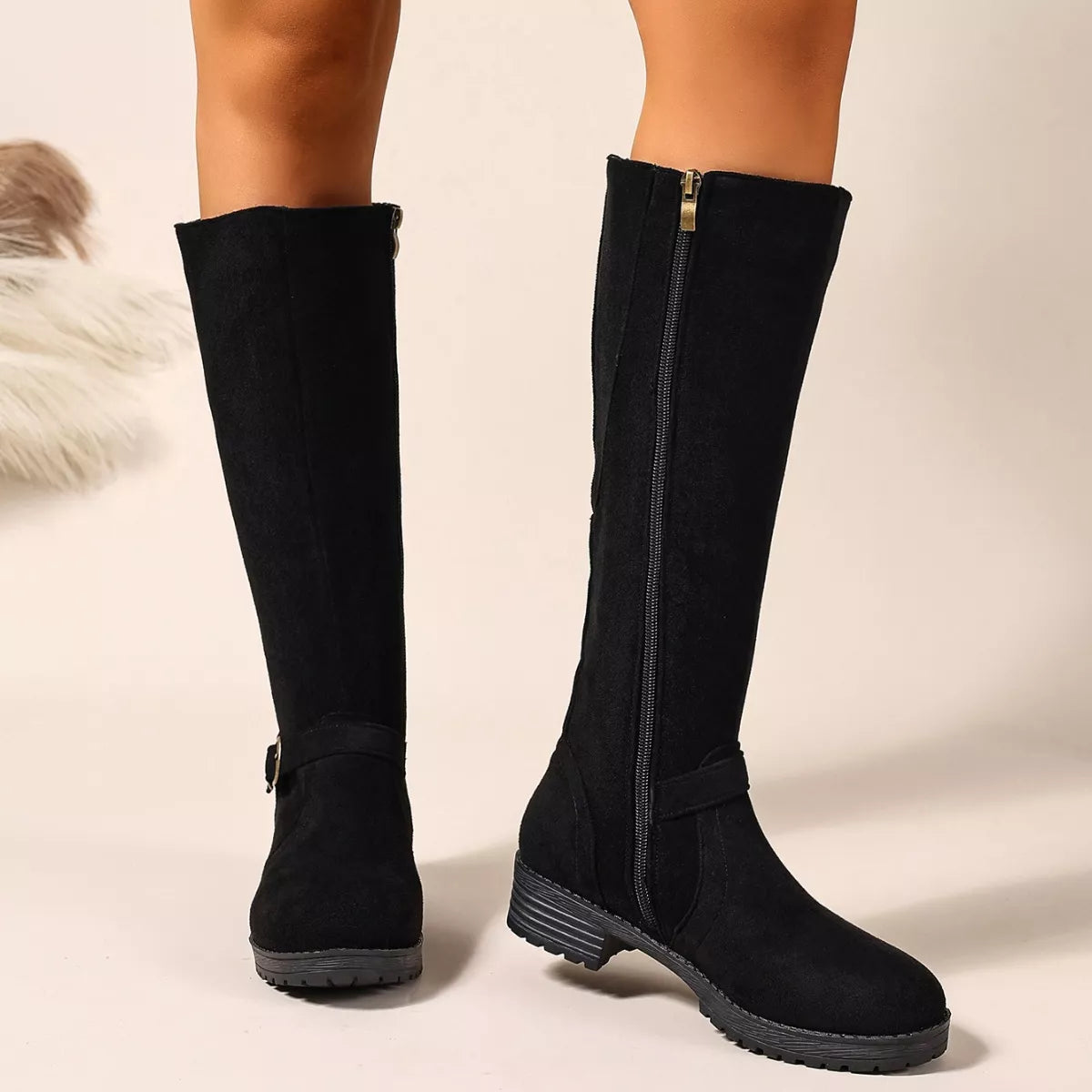 Knee-High Suede Buckle Accent Boots