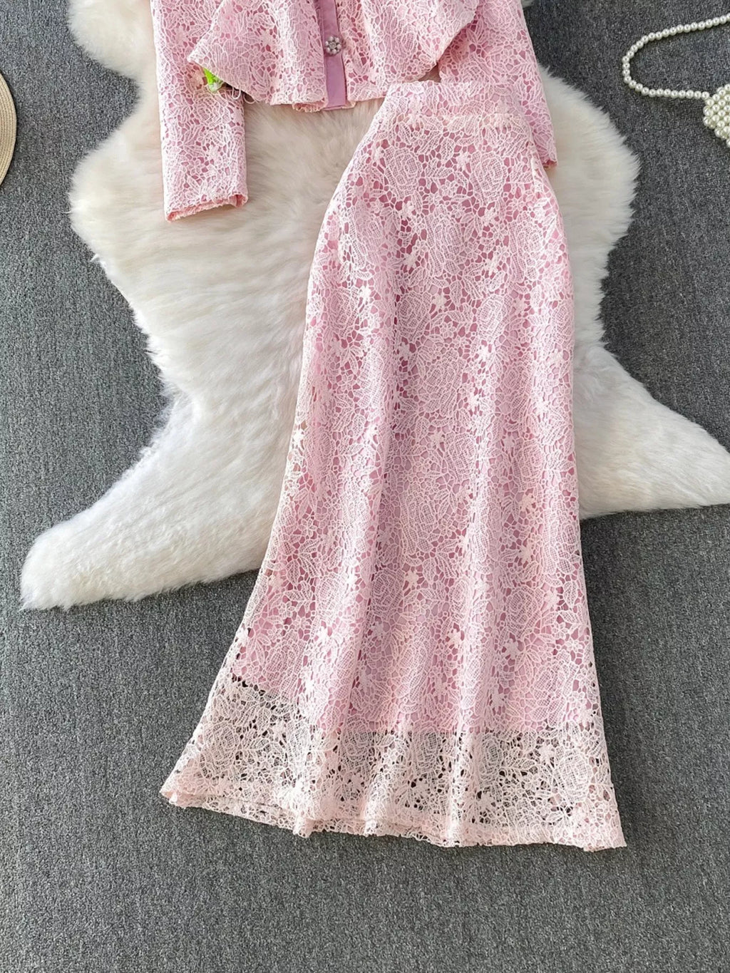 Lace Button Up Top and Skirt Set