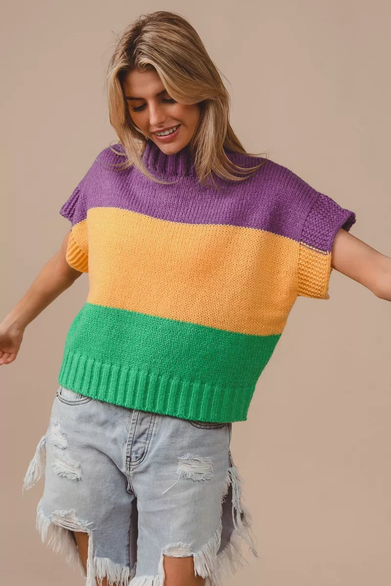 BiBi Mardi Gras Color Block Drop Shoulder Sweater Top