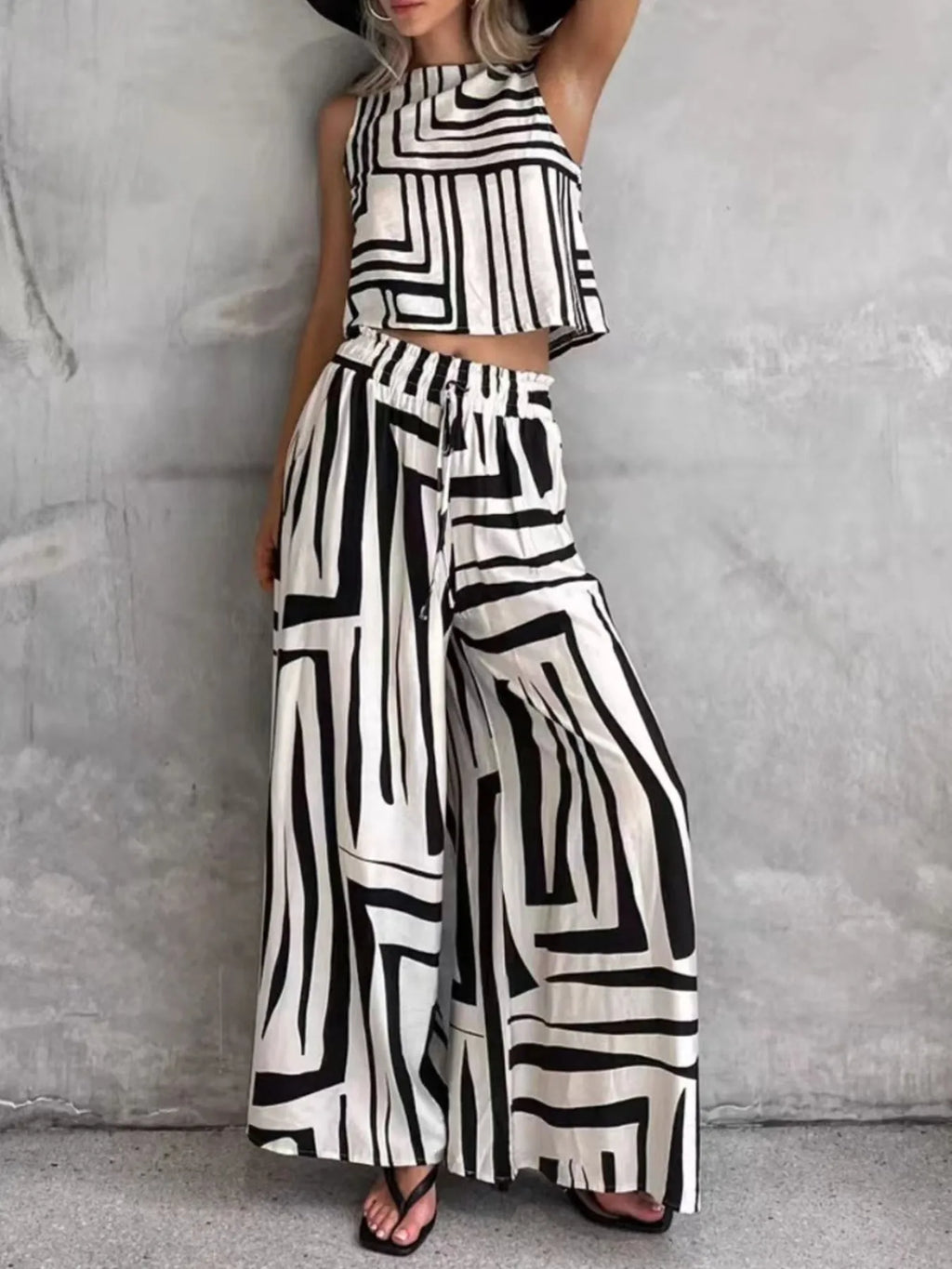 Geometric Print Sleeveless Top and Wide Leg Pants Set