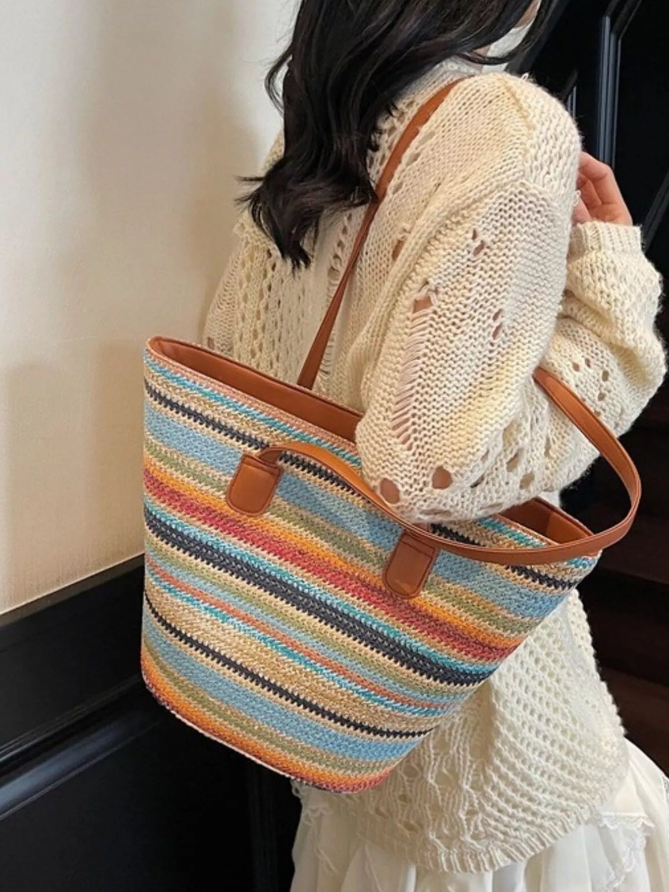 Striped Woven Shoulder Bag