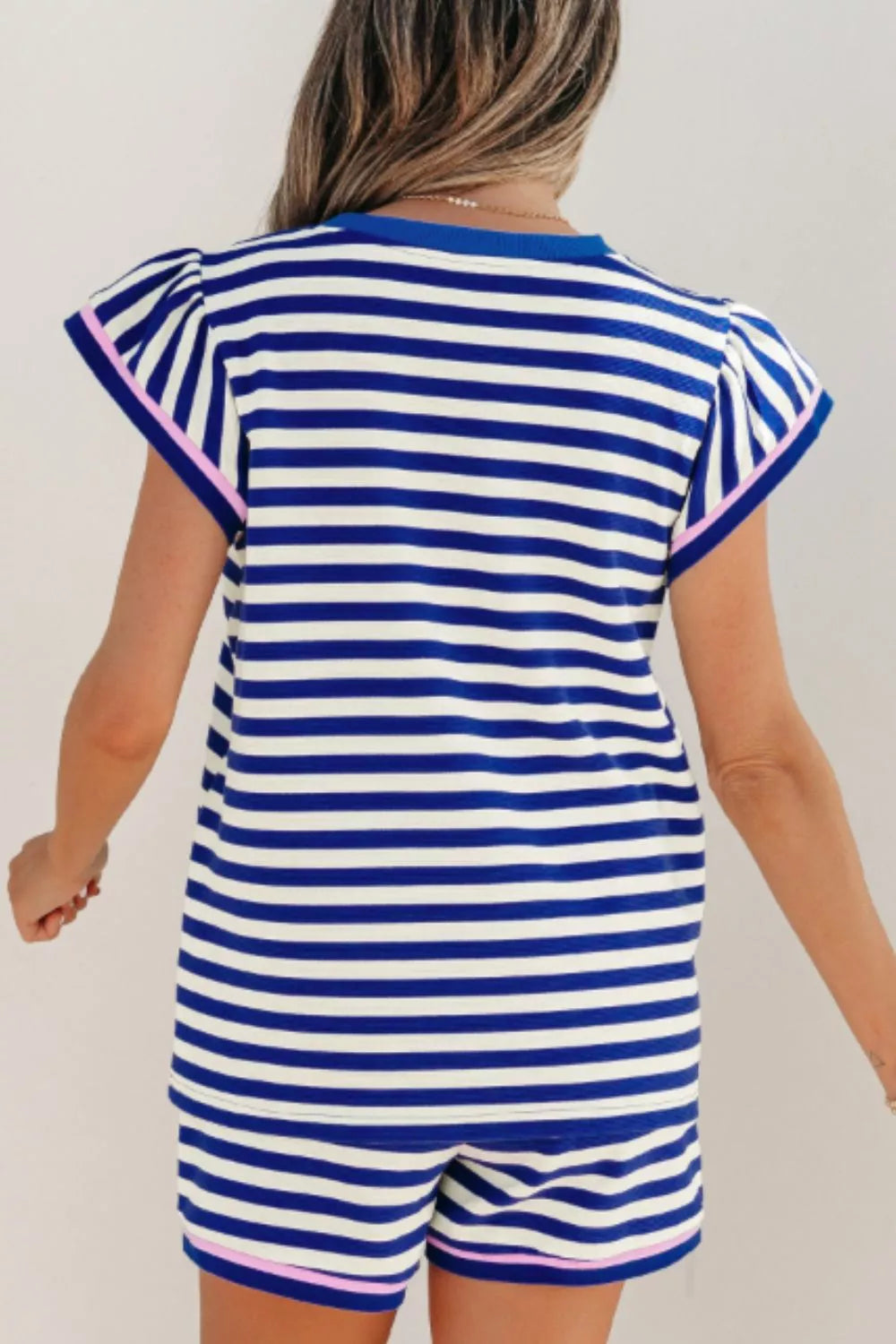 Striped Ruffle Sleeve Top and Shorts Set