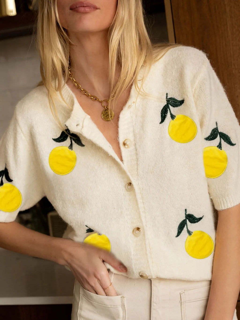 Lemon Button-Up Short Sleeve Cardigan