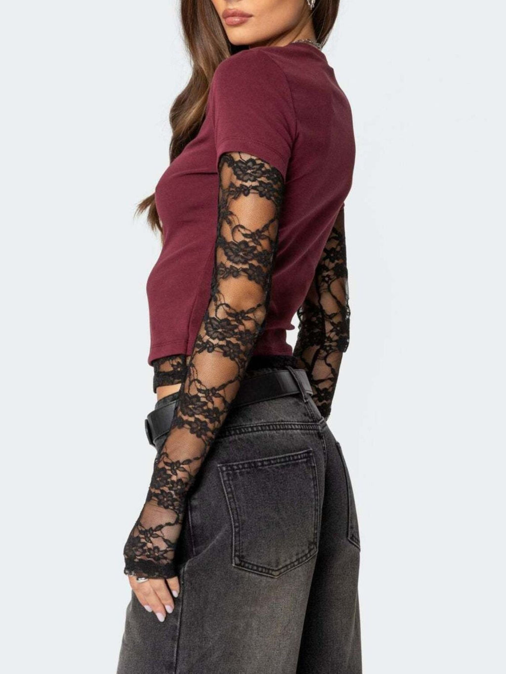 Lace Sleeve Fitted T-Shirt