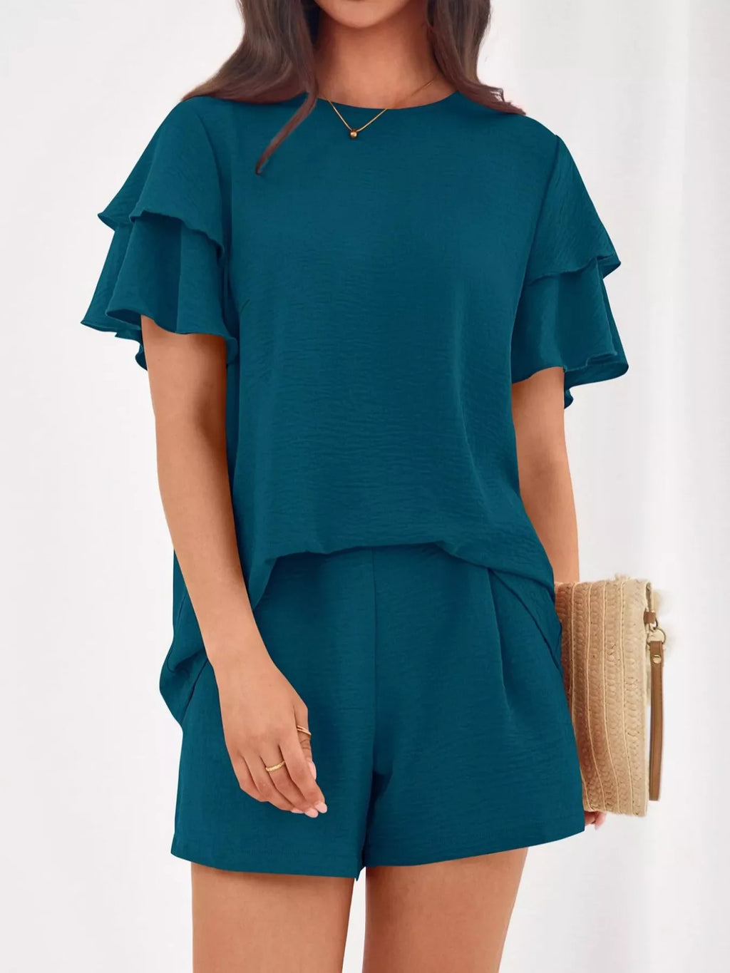 Ruffle Sleeve Top and Shorts Two-Piece Set