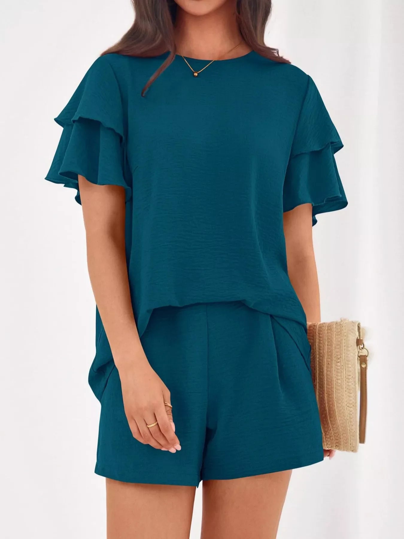 Ruffle Sleeve Top and Shorts Two-Piece Set