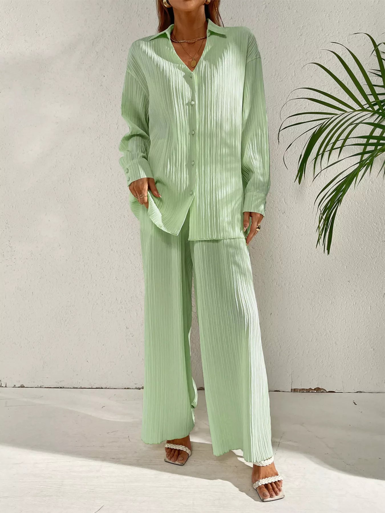 Long Sleeve Shirt & Wide Leg Pants Set