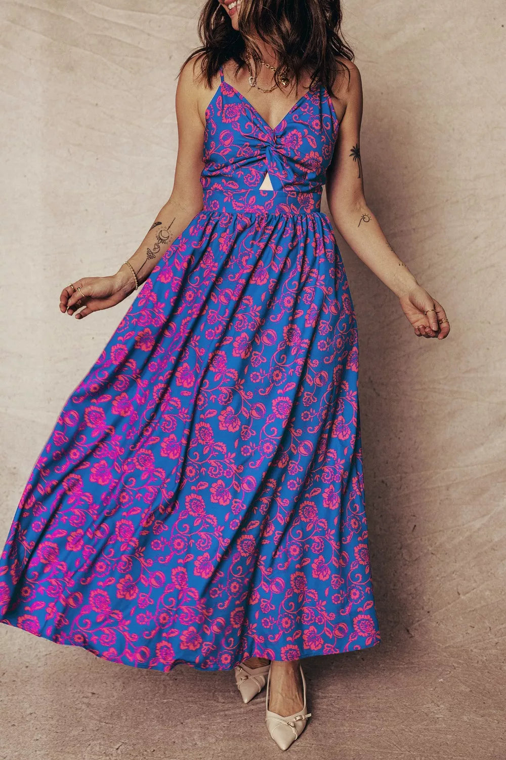 Floral Print Twisted V Neck Tied Backless Maxi Dress