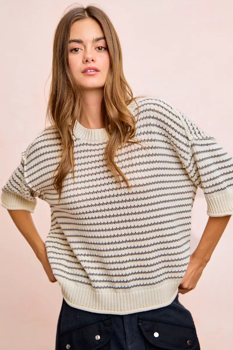 BiBi Stripes Short Sleeves Rib Banded Outseam Knit Top