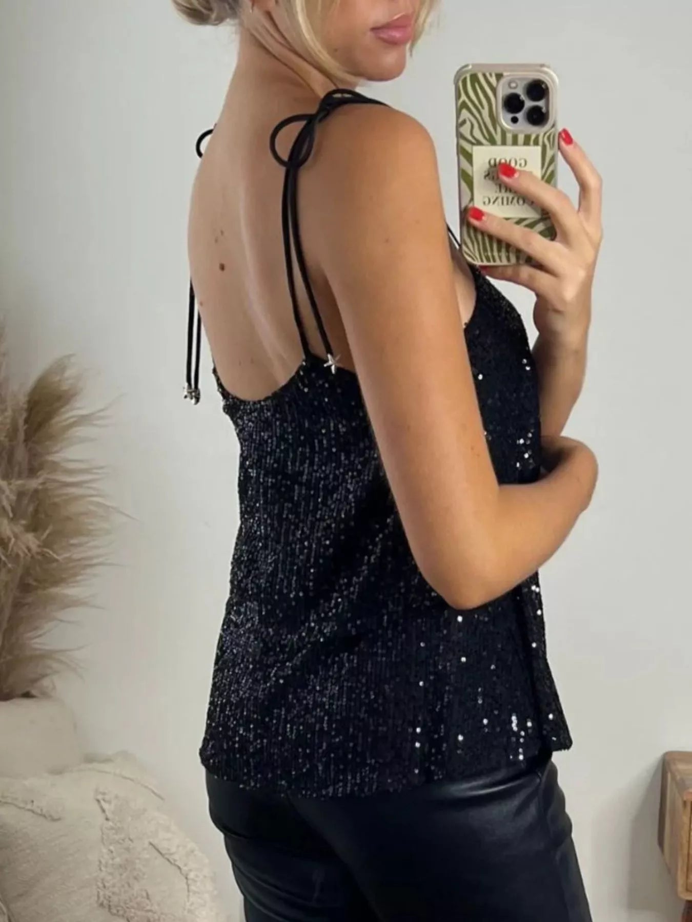 Full Size Sequin Tie Shoulder Cami Plus Size