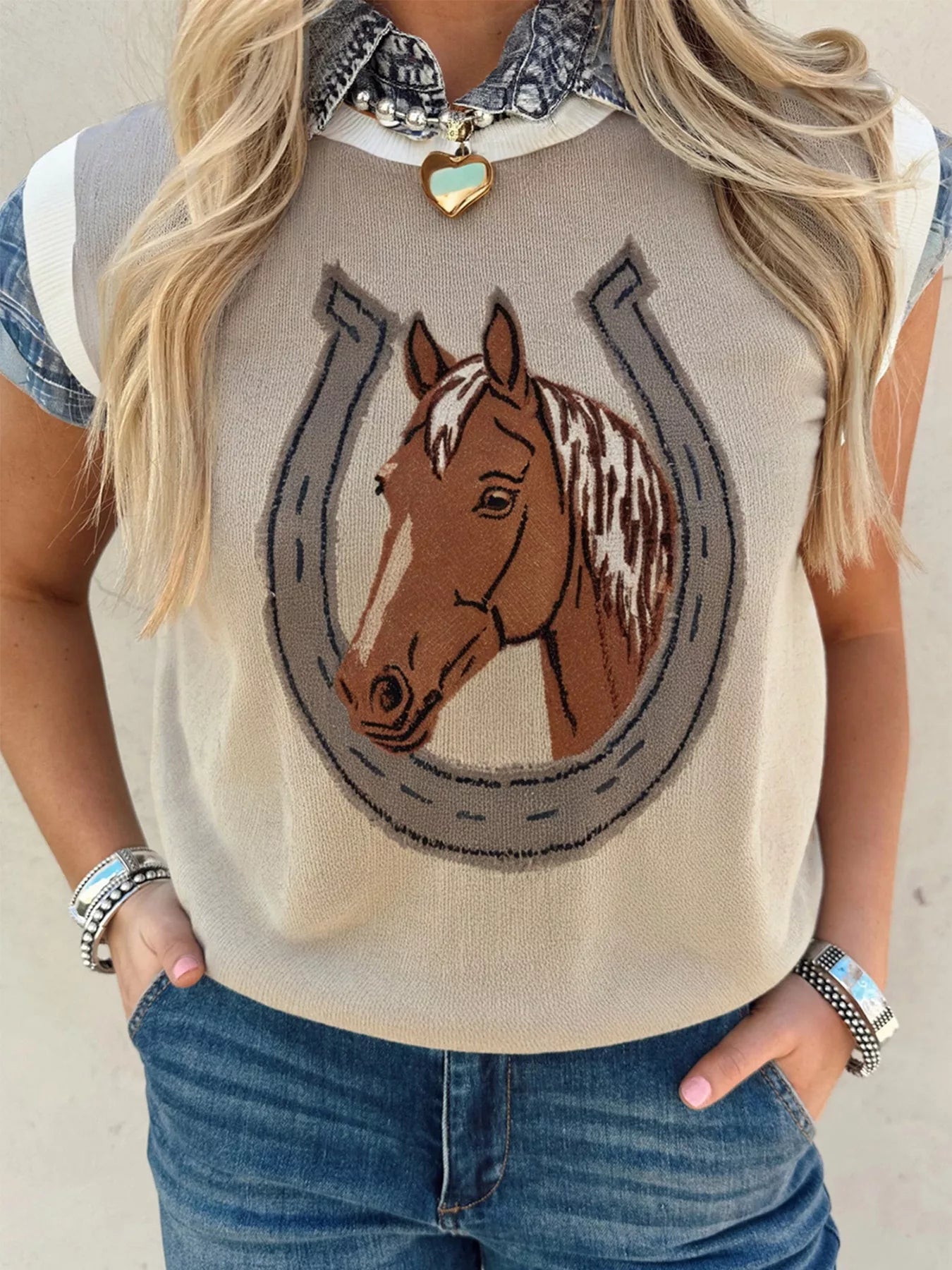 Horse Shoe Print Color Block Trim Round Neck Sleeveless Sweater