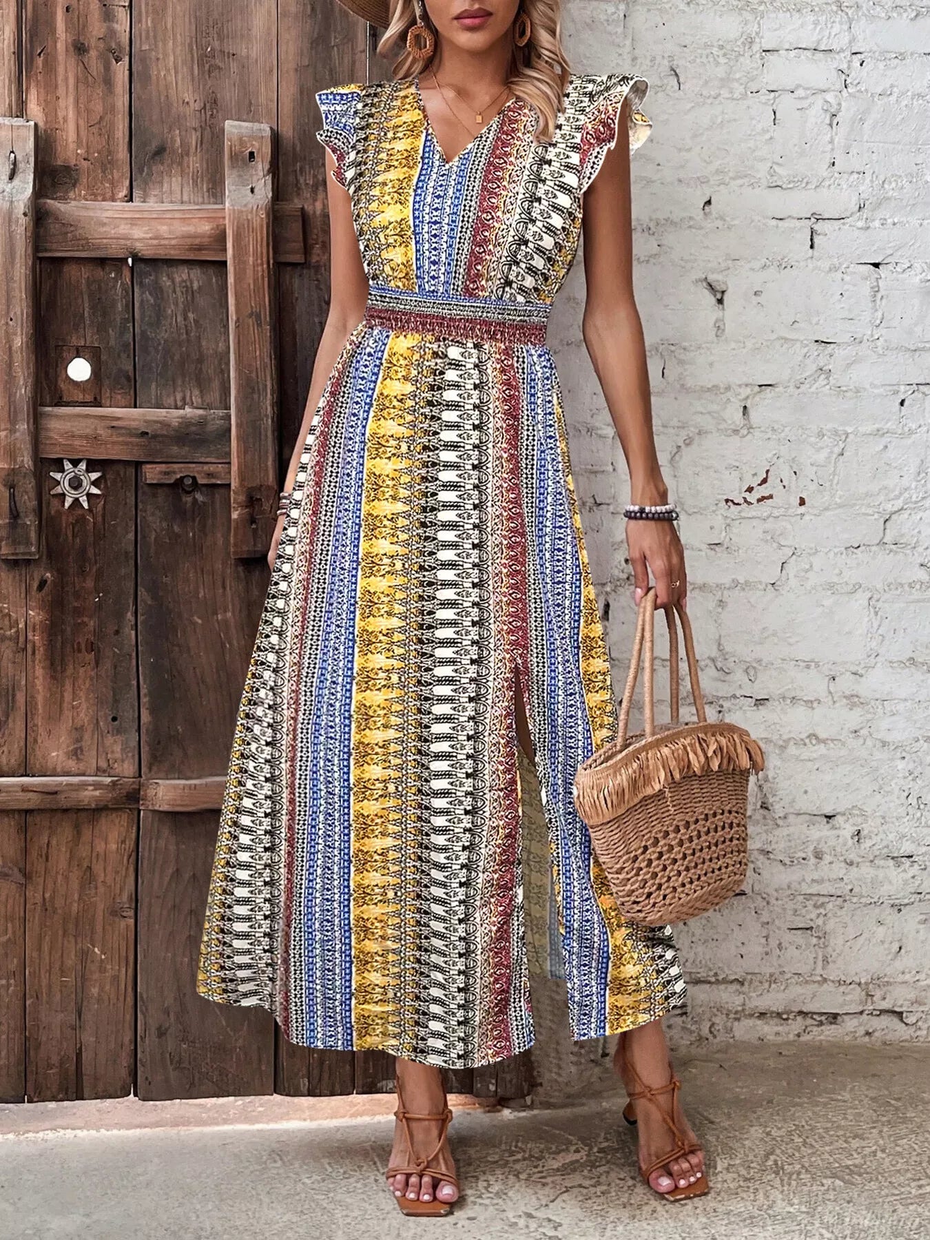 Boho Print Ruffle Sleeve Slit Dress