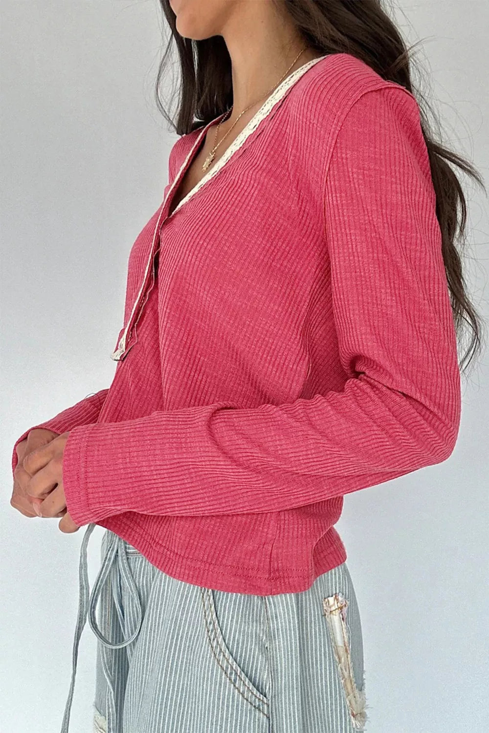 Lace Trim Ribbed Knit Henley Blouse