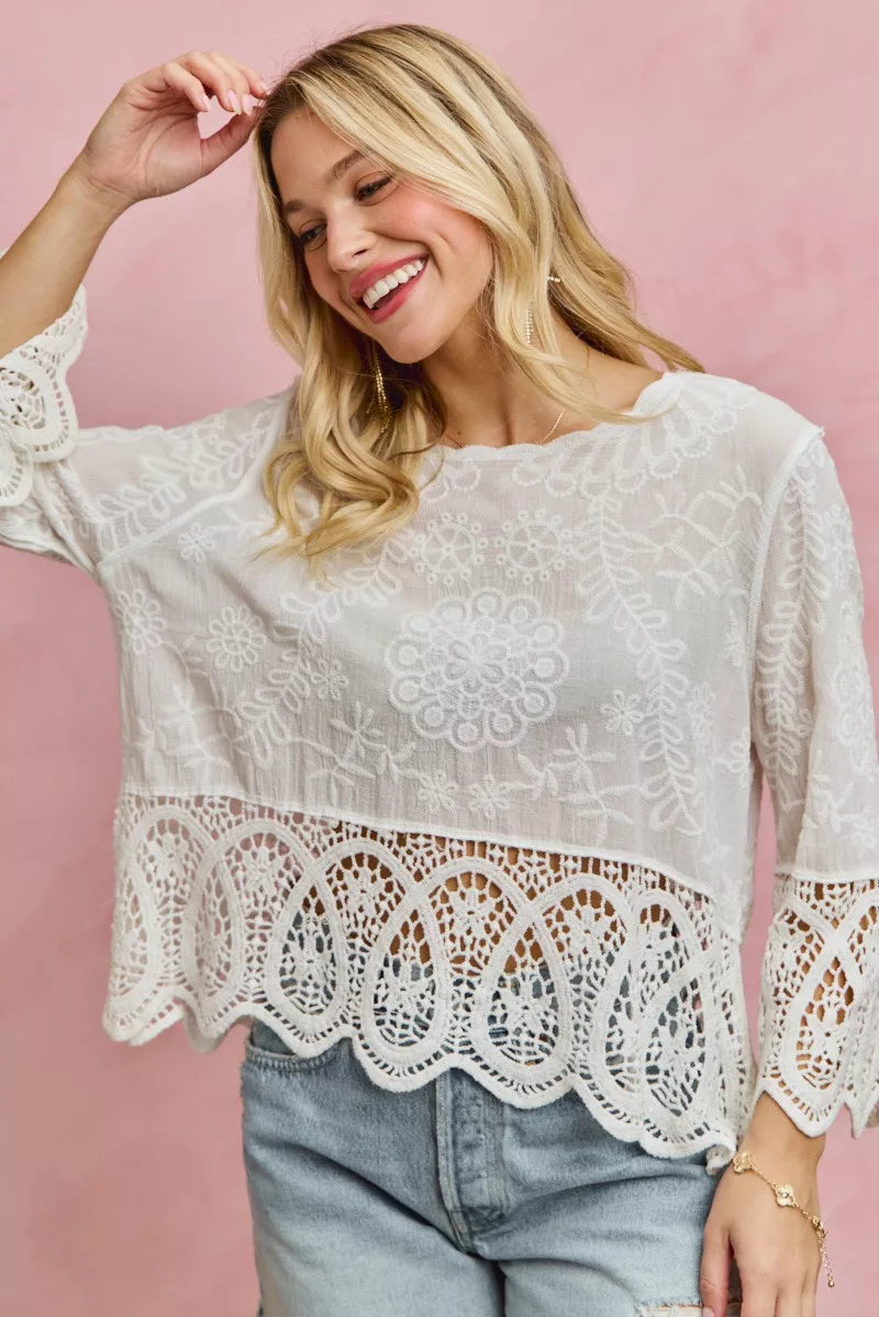 SO ME Floral Embroidered Crochet Lace Trimmed Top