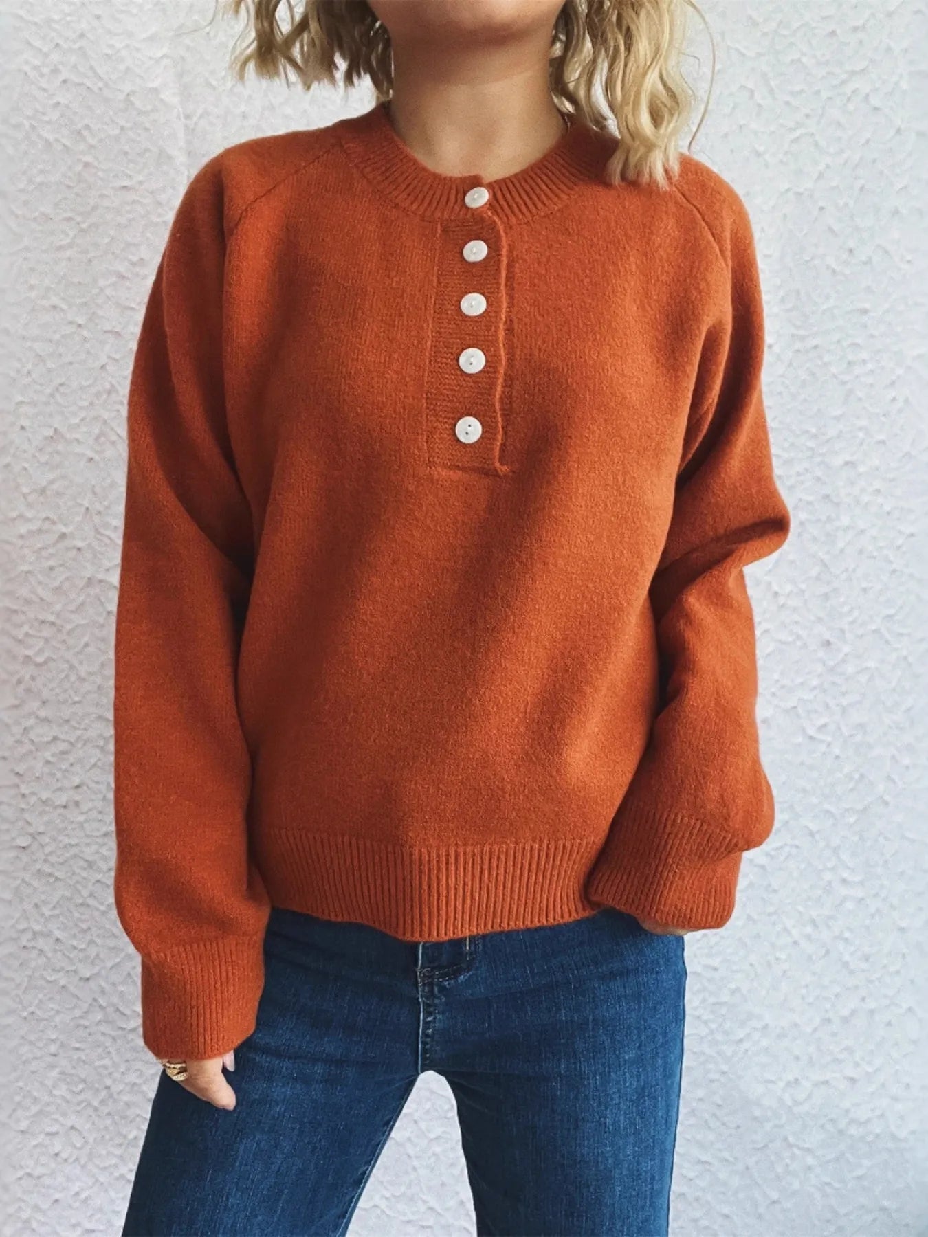 Button-Front Long Sleeve Sweater