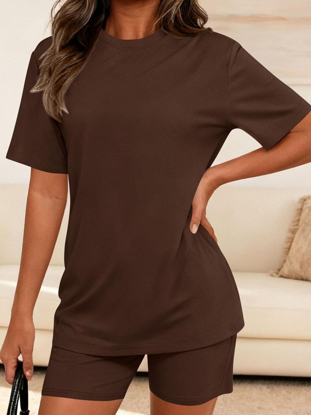 Round Neck Short Sleeve Top and Shorts Set