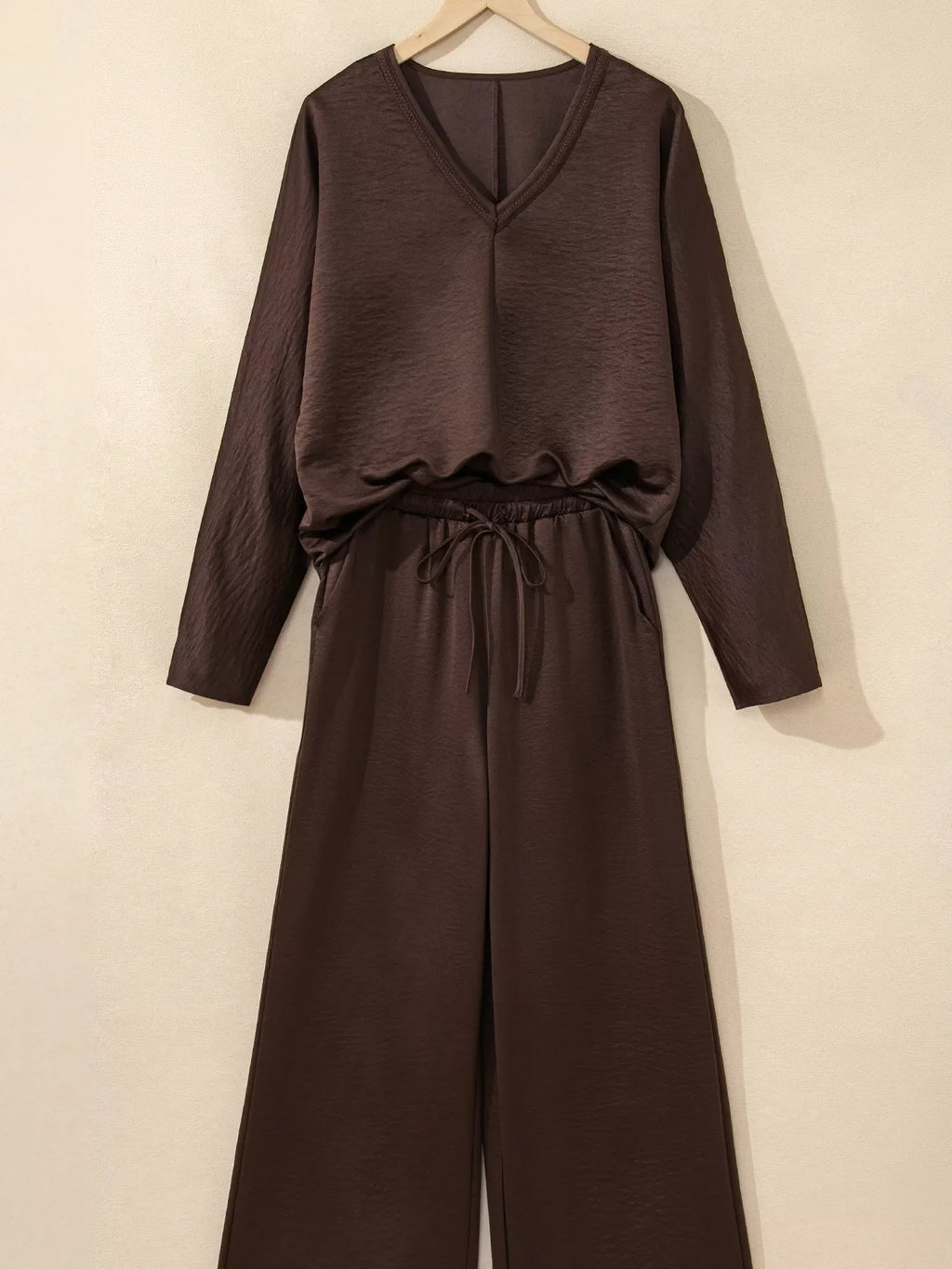 Braided V Neck Long Sleeve Loose Top and Drawstring High Waist Pants 2pcs Outfit