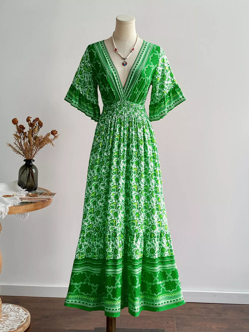 Floral Deep V-Neck Flutter Sleeves Dress