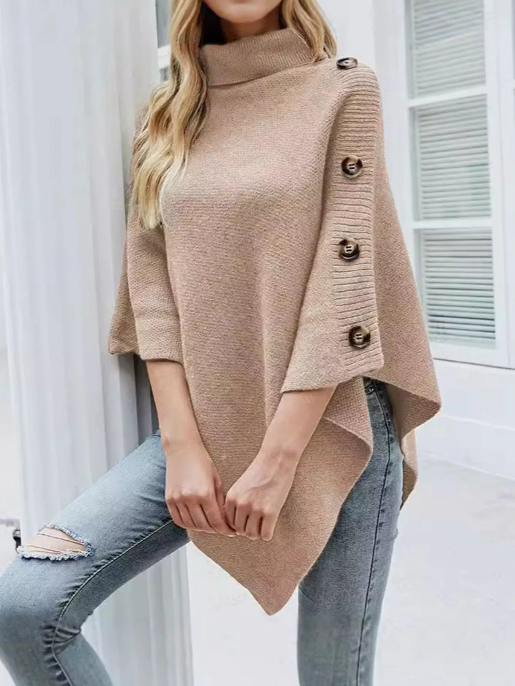 Button-Decor Turtleneck Poncho Pullover
