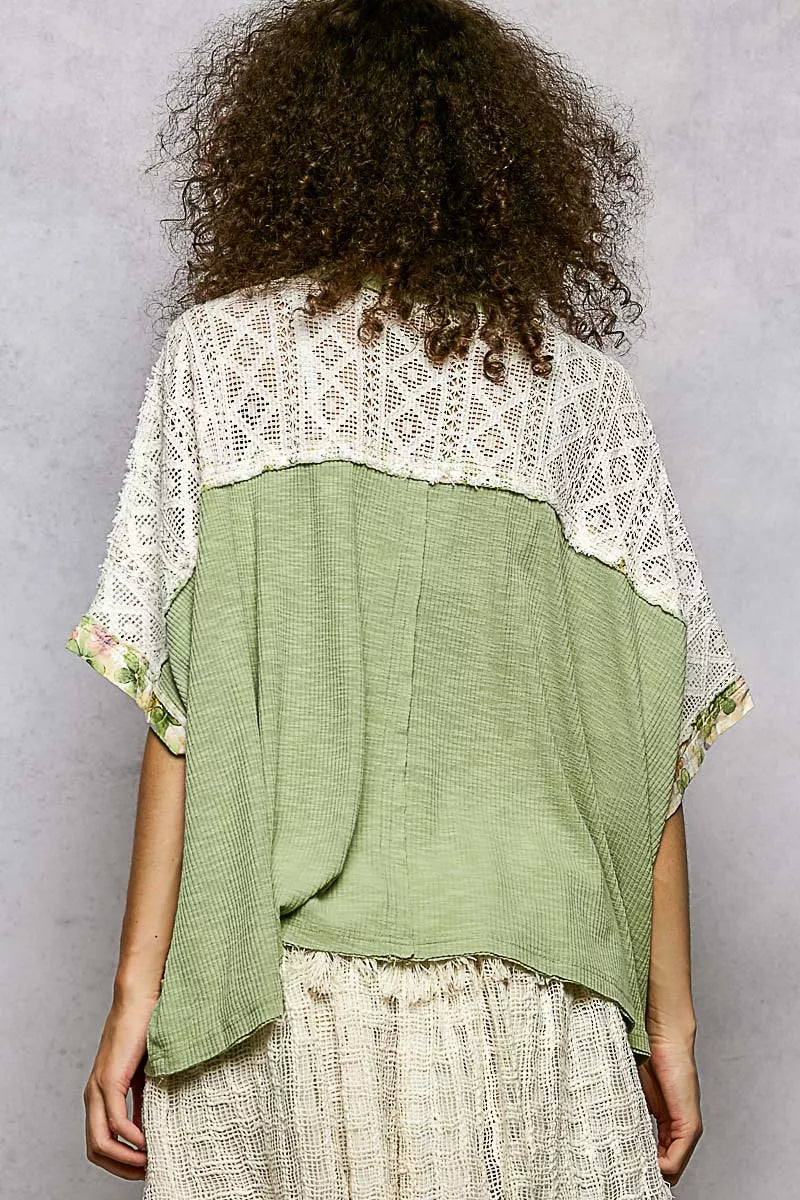 POL Floral Patchwork Lace Accent Blouse