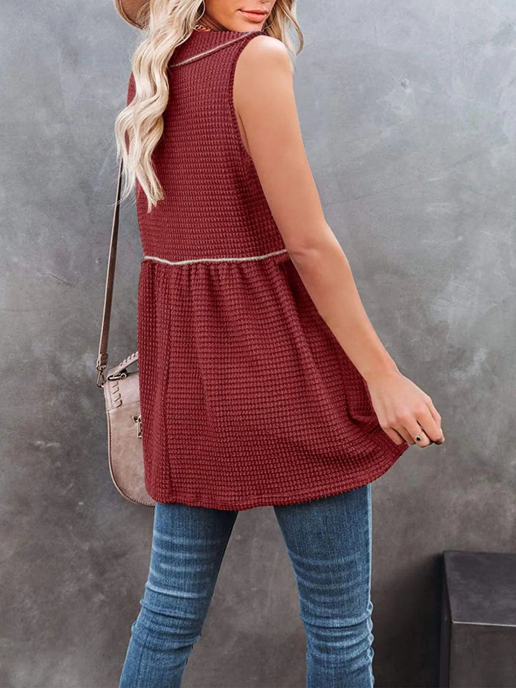 V-Neck Waffle Knit Tank Top with Contrast Stitching