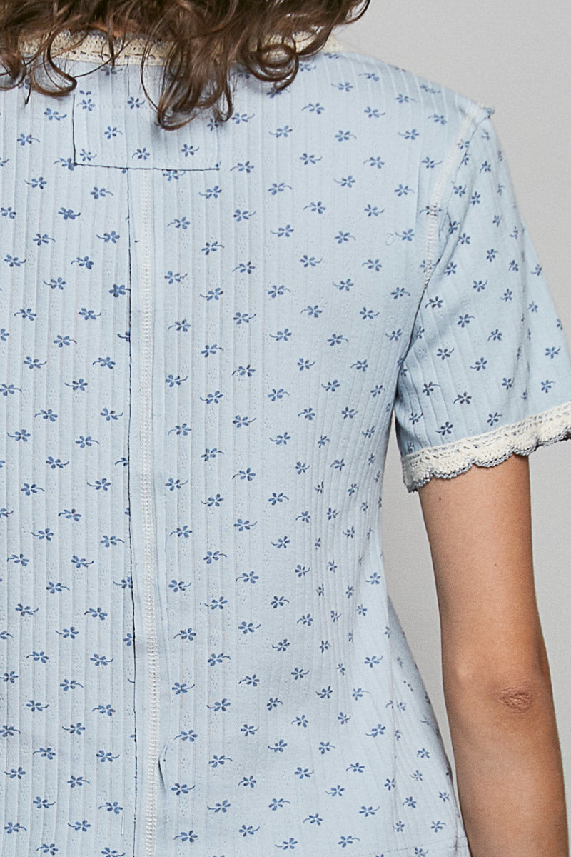 POL Floral V-Neck Short Sleeve Rib T-Shirt