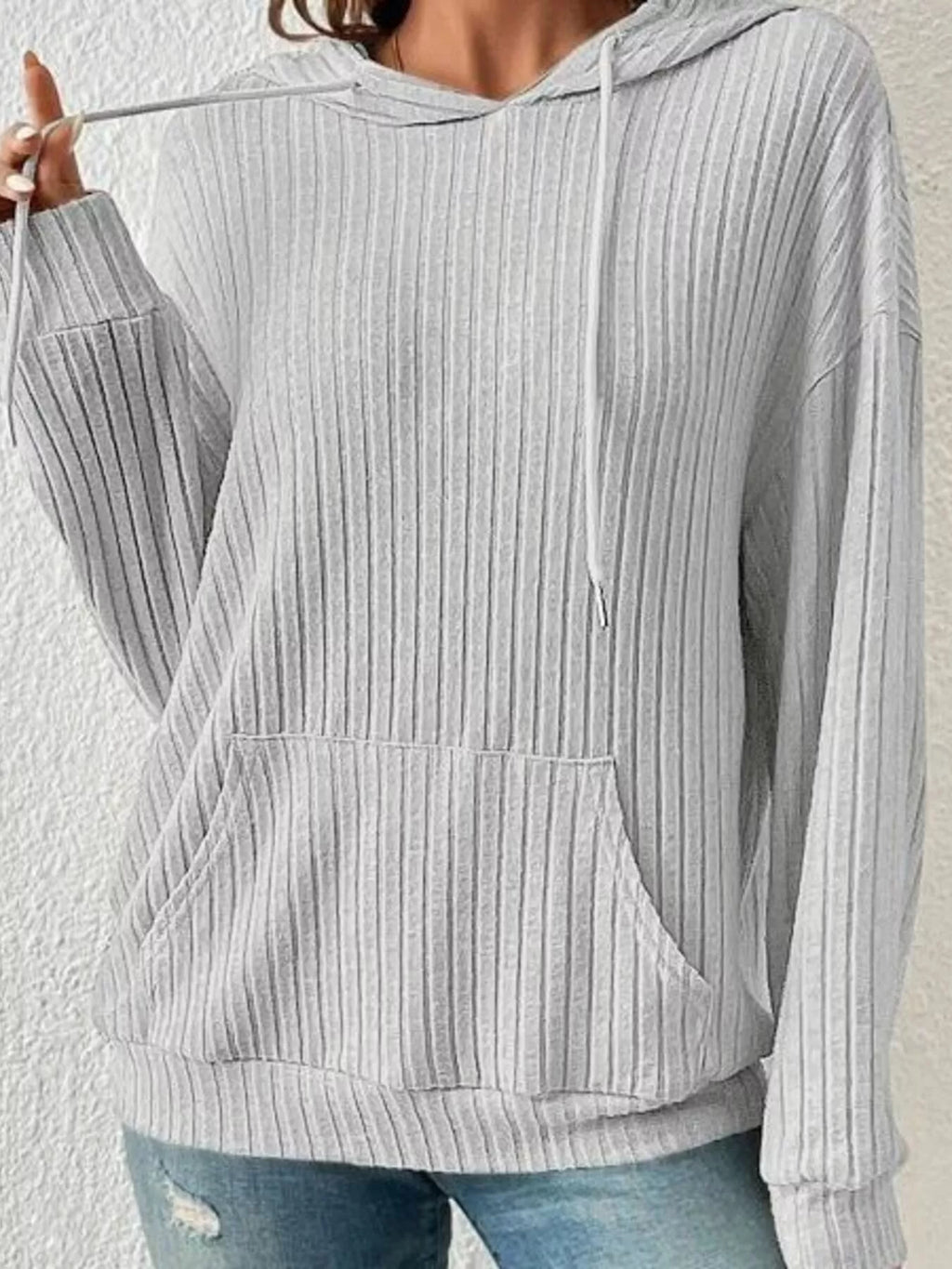 Ribbed Knit Long Sleeve Drawstring Hoodie