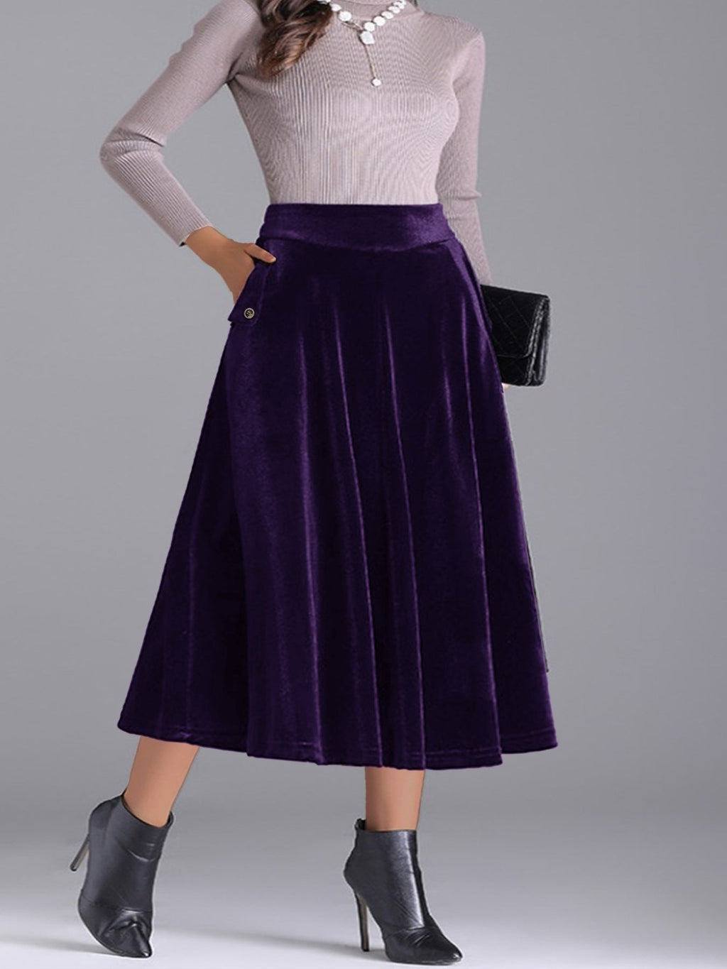 Plus Size Elegant Velvet A-Line Midi Skirt