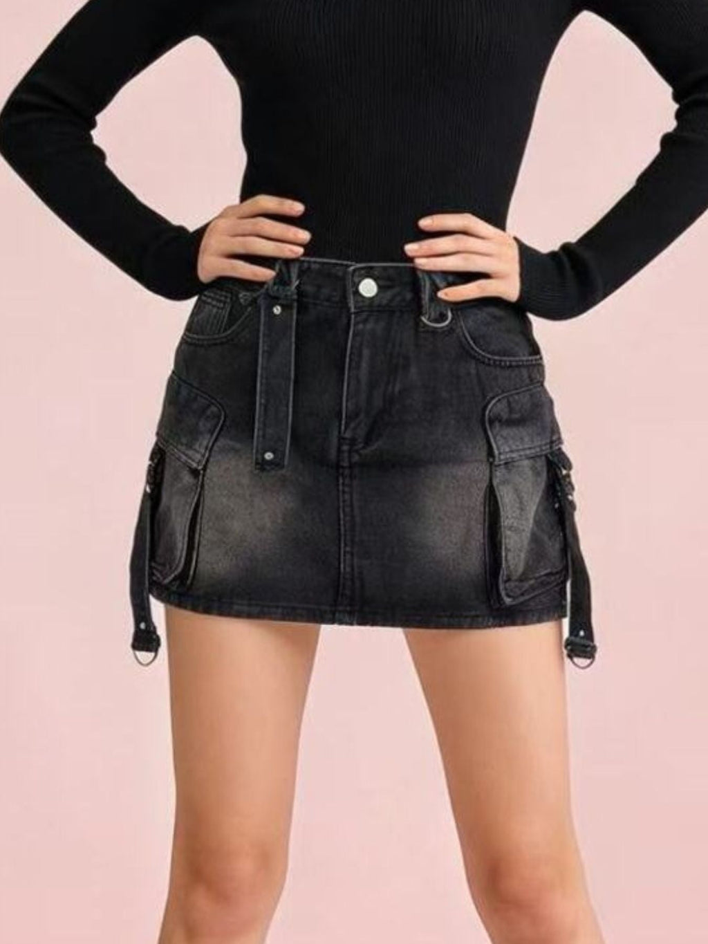 Washed Cargo Denim Skirt