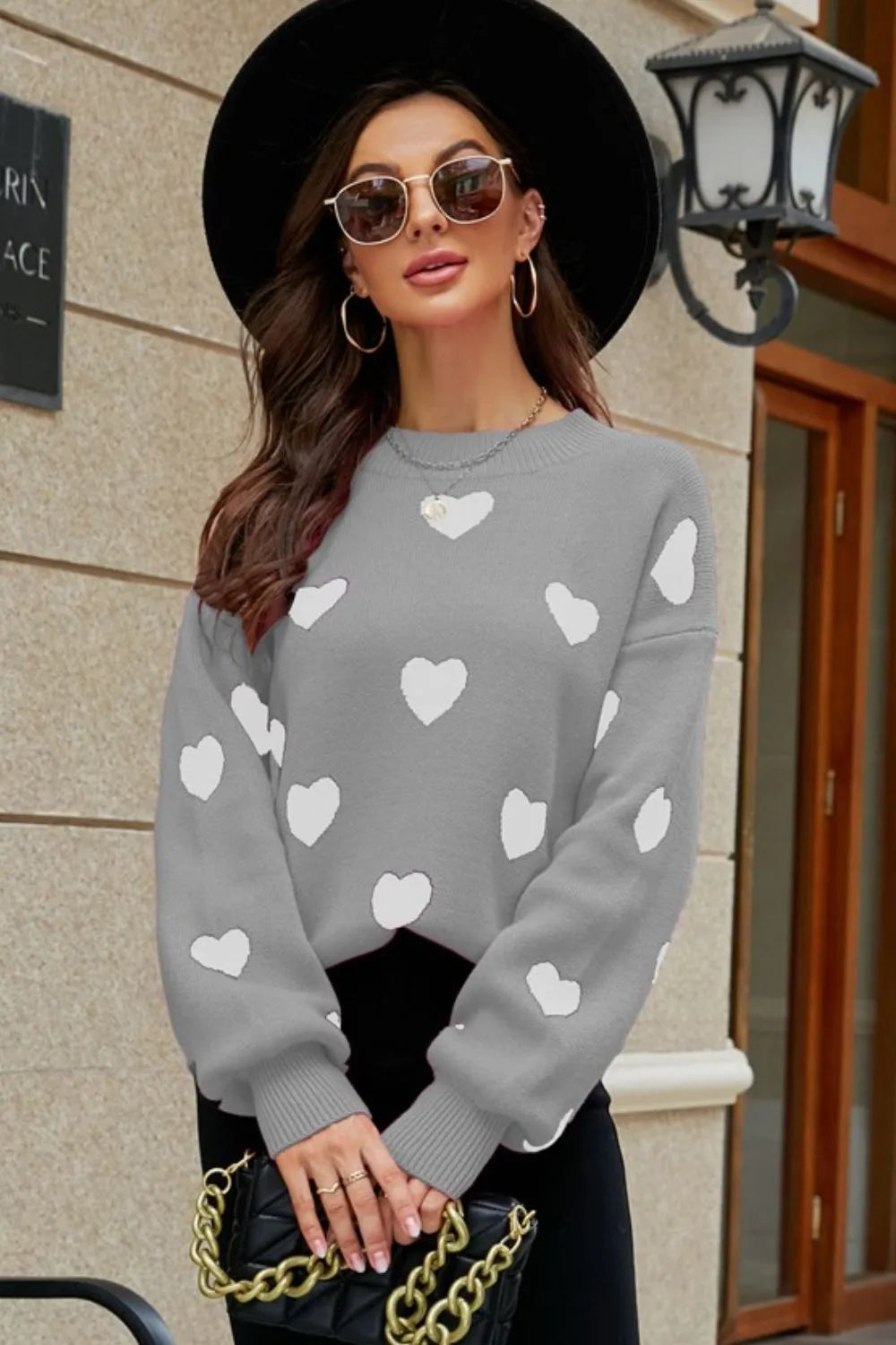 Heart Pattern Lantern Sleeve Round Neck Tunic Sweater