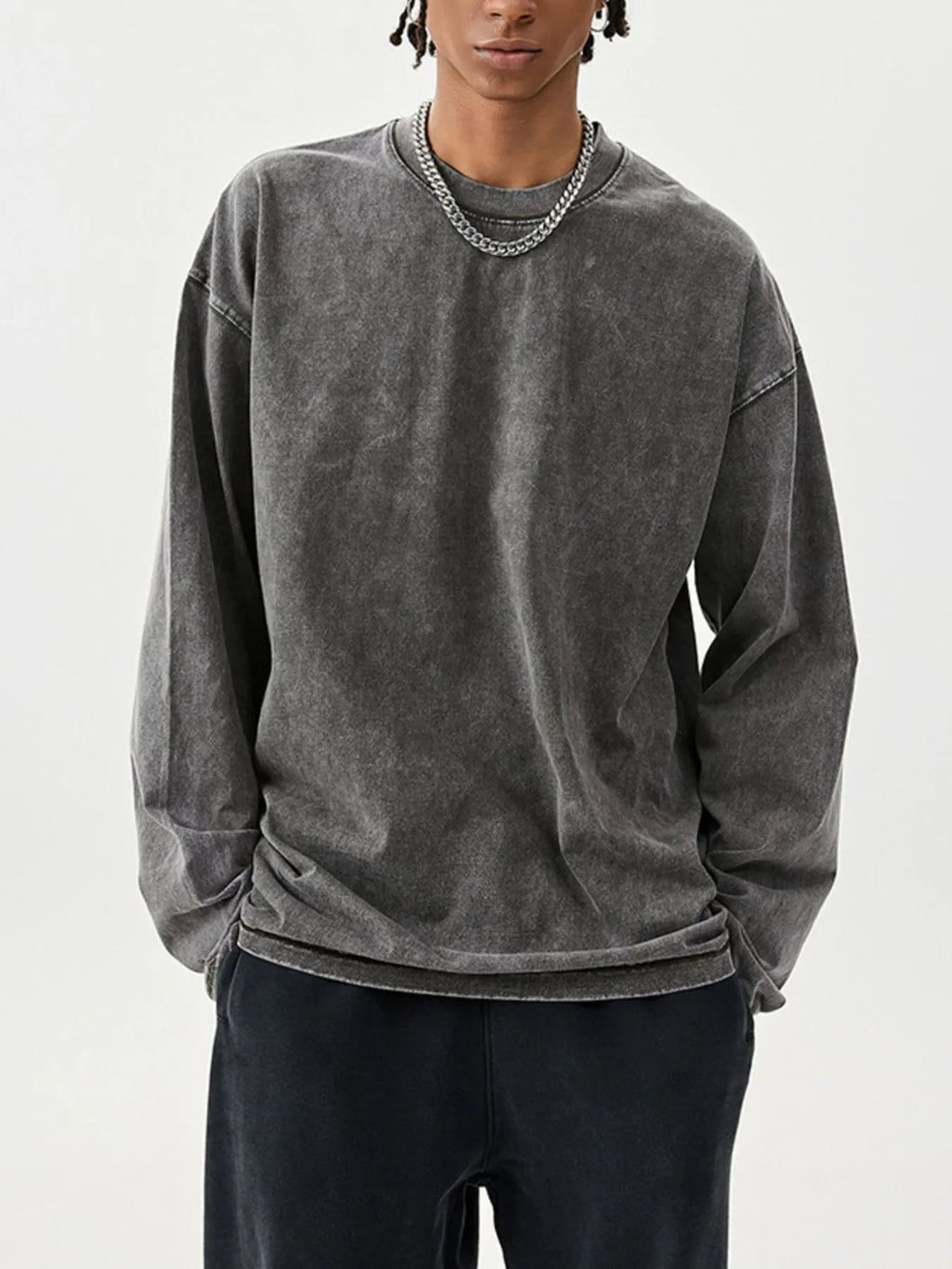 Men's Washed Round Neck Long Sleeve T-Shirt