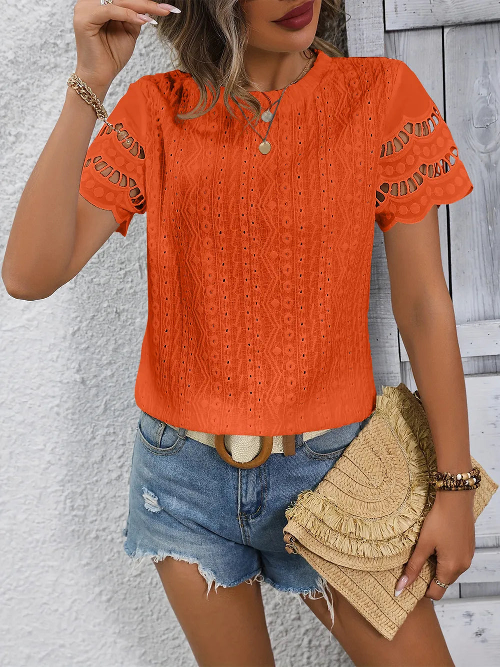 Full Size Eyelet Round Neck Short Sleeve Top